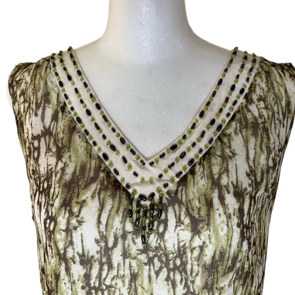 Bob Mackie Studio Cream, Brown & Green Lined Sleeveless 100% Silk Top  Size 6 - Picture 4 of 9